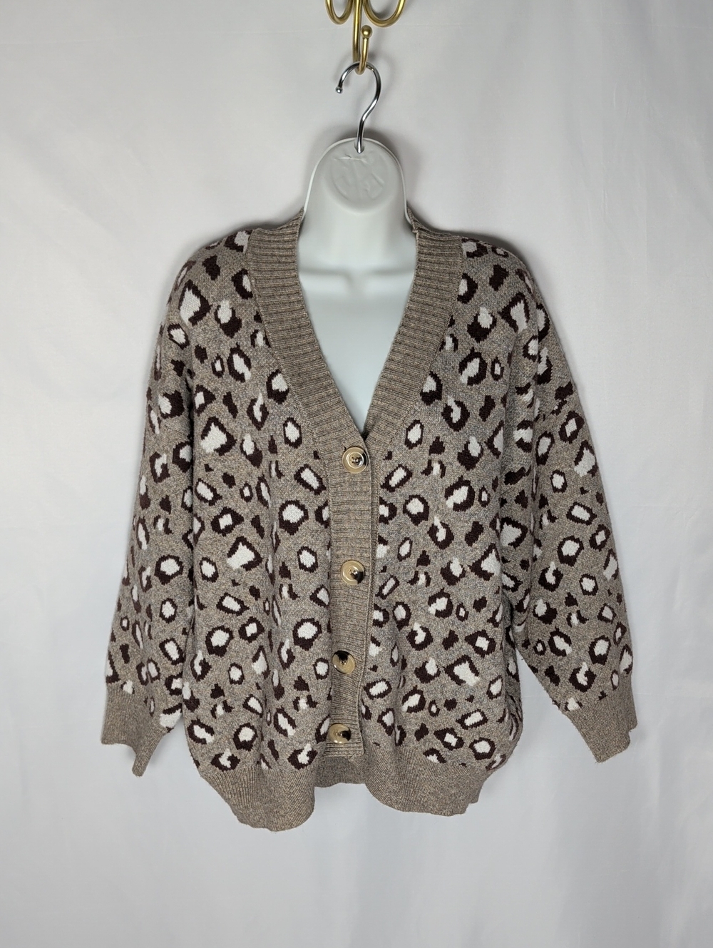 CHICWISH Taupe Leopard Print Button Front Knit Cardigan Sweater L/XL
